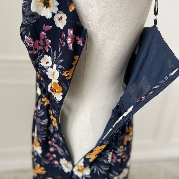 J.O.A. Navy Blue Floral Swing Midi Dress Cross Front Adjustable Strap S - Picture 8 of 12